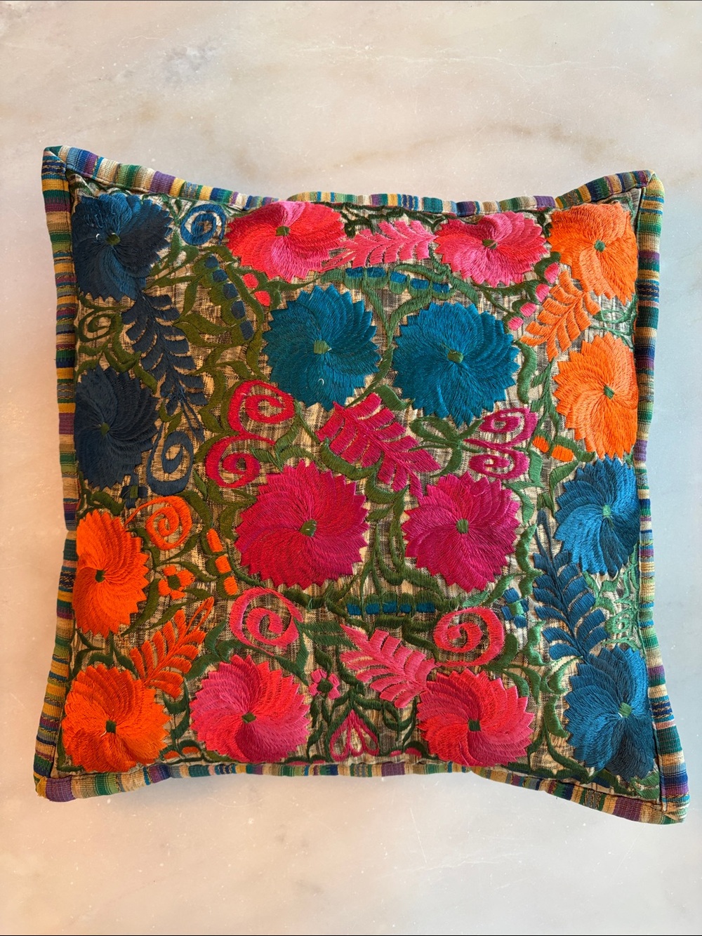 Embroidered Guatemalan Floral Throw Pillow - Multicolor 18x18